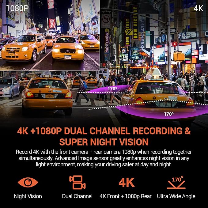 RexingUSA V1P 4K Dual Channel Dash Cam 4K+1080p w/Wi-Fi, 2.4” LCD, 170° Wide Angle, Rear Camera, Supercapacitor, G-Sensor, WDR, Loop Recording, Mobile App