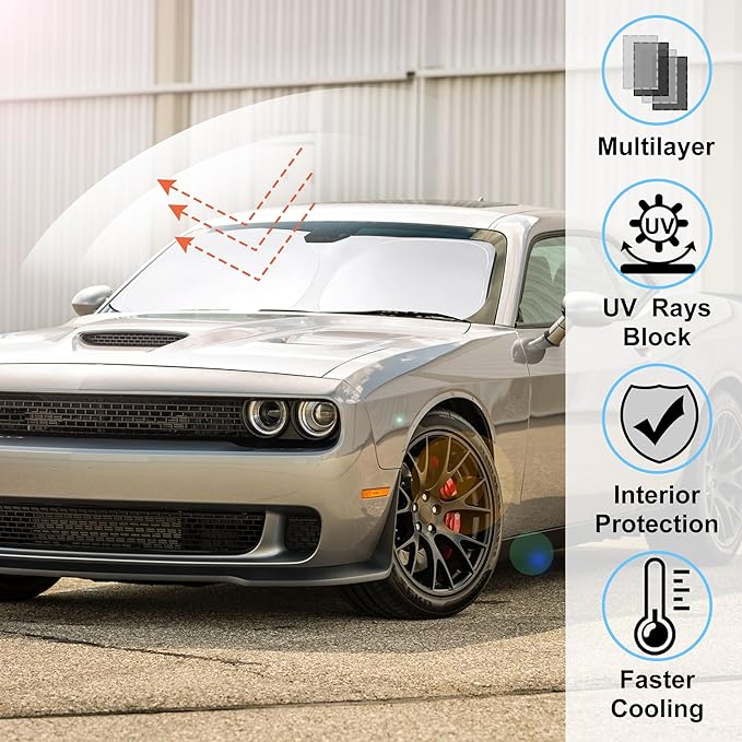 Windshield Sun Shade Compatible with 2015-2023 Dodge Challenger Accessories Coupe,SRT Hellcat,Redeye,GT,RT,TA Coupe,Widebody,SXT,RT Scat Pack Sun Visor Protector
