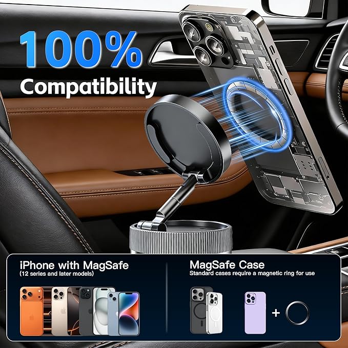 Car Phone Holder [120LBS Strongest Suction 2800gf Magnetic], 360° Adjustable for Magsafe Car Mount, Car Phone Mount for Cars/Gyms/Mirrors/Shower Stalls, Compatible with iPhone and Android Devices (1)