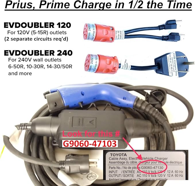 Fits Toyota Prius Prime. The Amazing EVDOUBLER is a Low Cost Upgrade Adapter, Just Plug it in, Charges Fast Like a Level 2 Electric Vehicle Car EVSE Charger. Needs NEMA 14-30/50 Outlet