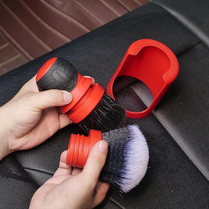 Maxshine Universal Red & Gray Combo Ultra-Soft Large Bristle Brush with Storage Rack | Curved Grip Interior Detailing Brush for Dashboard, Displays & Air Vents | Premium Car Cleaning Accessory