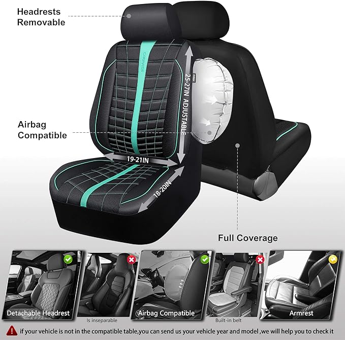 CAR PASS 3D Foam Mesh Leather Car Seat Covers Full Set, Breathable Premium Leather Seat Covers for Car,Anti Slip Universal Fit for Trucks Cars Sedans Vans SUVs, Airbag Compatible, Black Mint