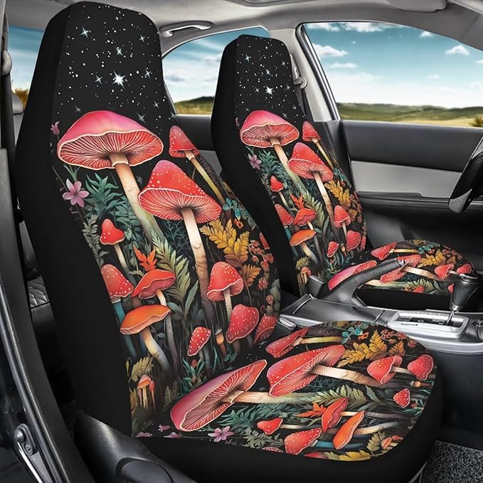BIGCARJOB Mushroom Car Seat Cover Set for Women, Fantastic Print Auto Front Seat Protector Set of 2 Pcs, Vehicle Bucket Seat Pad, Car Accessories Gifts, Fit Most Vehicle, Cars, Sedan
