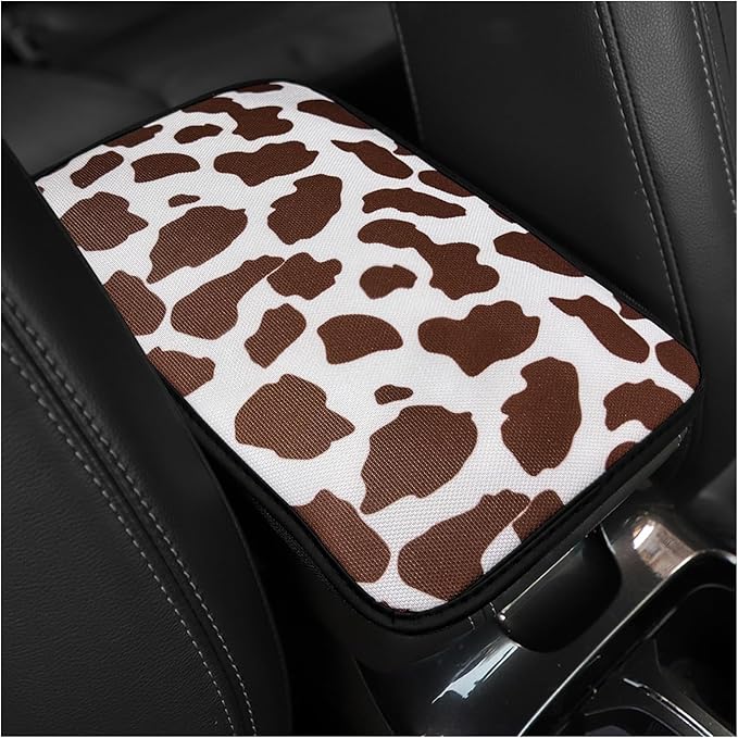 Cow Print Car Center Console Cover, Cute Armrest Mat Cushion Pad, Automotive Interior Accessories for Most Vehicle, SUV, Truck Arm Rest Box (Cow, Brown)
