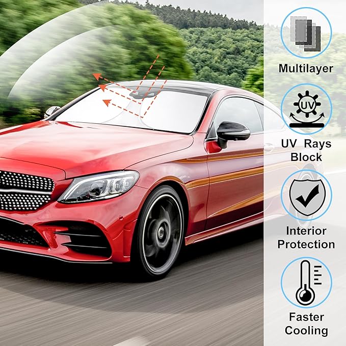 Windshield Sun Shade Custom Fit for 2015-2021 Mercedes Benz C Class W205 C250 C300 C400 Accessories Foldable Sunshade Sun Blocker Protect Car from Sun Rays & Heat Damage Keep Car Cooler