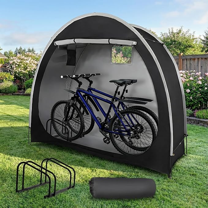 Bike Tent with Bicycle Racks Outdoor Portable Bicycle Storage Sheds with 210D Oxford 800ppm Waterproof for 2/3 Bikes, Covers Shelter for Motorcycle, Garden Tools, Lawn Mower