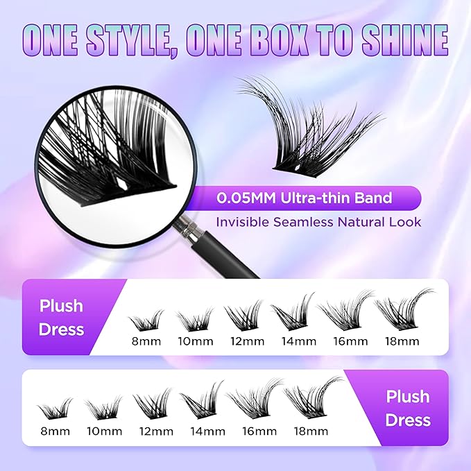 Lash Extension Kit DIY Lash Clusters Kit Eyelash Extensions Individual Lashes Extensions with (168Pcs, Plush Dress, 0.07D 8-18mm)