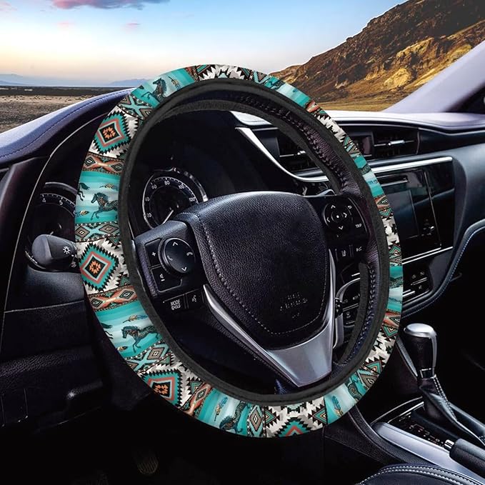 SEANATIVE Car Steering Wheel Protector Cover Aztec Horse Print Automotive Universal Steering Wheel Cover, Car Accessior, Easy to Disassemble