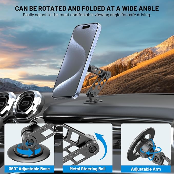 Magnetic Phone Holder for Car, Fits for Magsafe Car Mount 1080° Rotation and Foldable Strong Magnets Car Phone Holder for iPhone 16 15 14 13 12 Pro Max Car Accessories