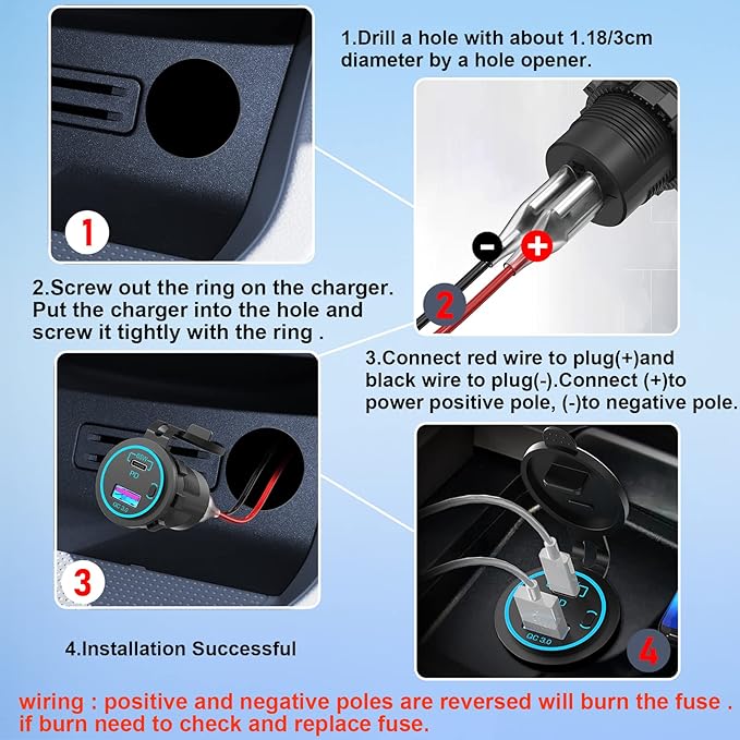 83W12V USB Outlet Qidoe 65W USB C for Laptop Car Charger Socket Quick Charge3.0 18W with Power Switch Long Body Waterproof Adapter for Car Boat Marine Truck Golf RV