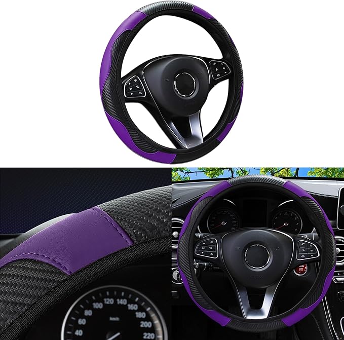 Car Steering Wheel Cover, 15 inch Carbon Fiber Microfiber Anti-Slip Breathable PU Leather Elastic Steering Wheel Protector, Car Interior Accessories for Most Cars (Purple)