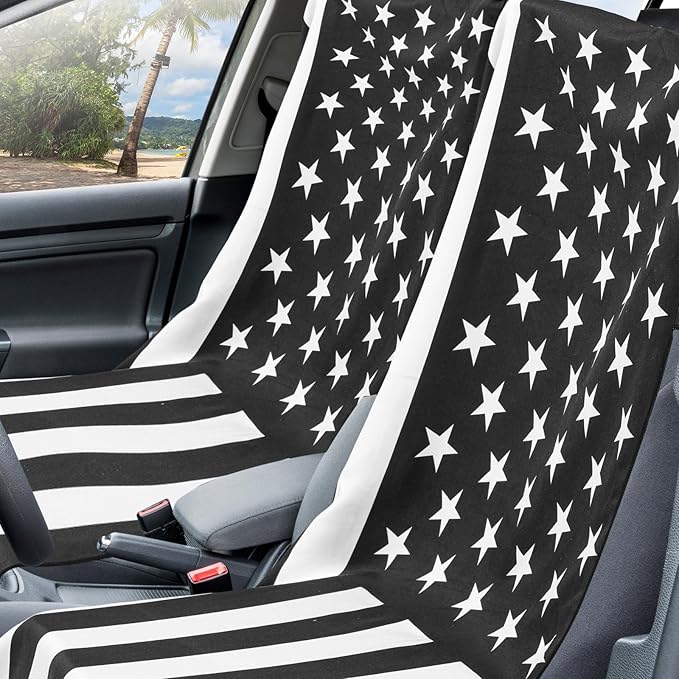 2 Pack Car Seat Towel Covers with Storage Bag 63 x 32 Inch Athletic Running Towel Seat Sweat Washable Non Slip Cover Gift for Car Outdoor Sport Activities (Black White American Flag)