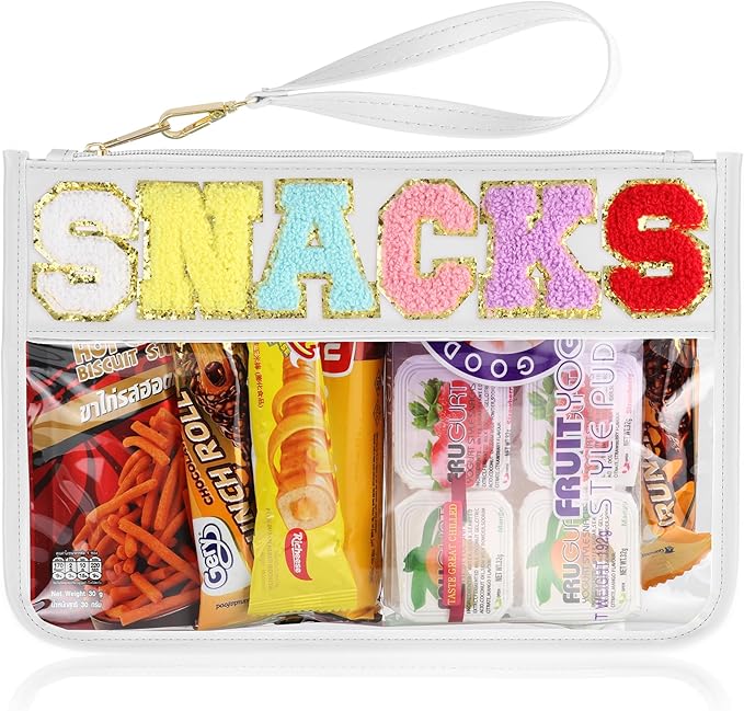 Snack Bag for Travel - Clear Chenille Varsity Letter Flat Pouch with Zipper, 12.2×8.46 inch Waterproof Clear Nylon Preppy Patch Makeup Cosmetic tote Bags for Women Girls