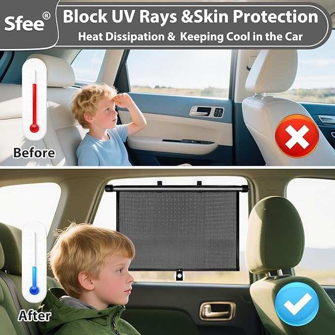 Sfee Car Window Shades for Baby-2 Pack Retractable Side Window Car Sun Shade Blocks UV Rays & Heat for Sun Protection Roller Sunshade Visor Window Shade for Kids,Passengers,Pets (20''x22'')