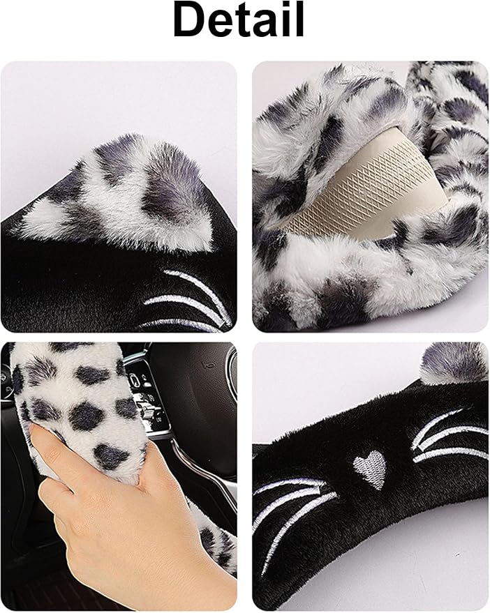 Dotesy 3D Ear Furry Cheetah Car Steering Wheel Cover Set Fluffy Faux Wool Steering Wheel Protector Leopard Anti-Slip Soft Warm Car Accessories for Women (Pink Brown)