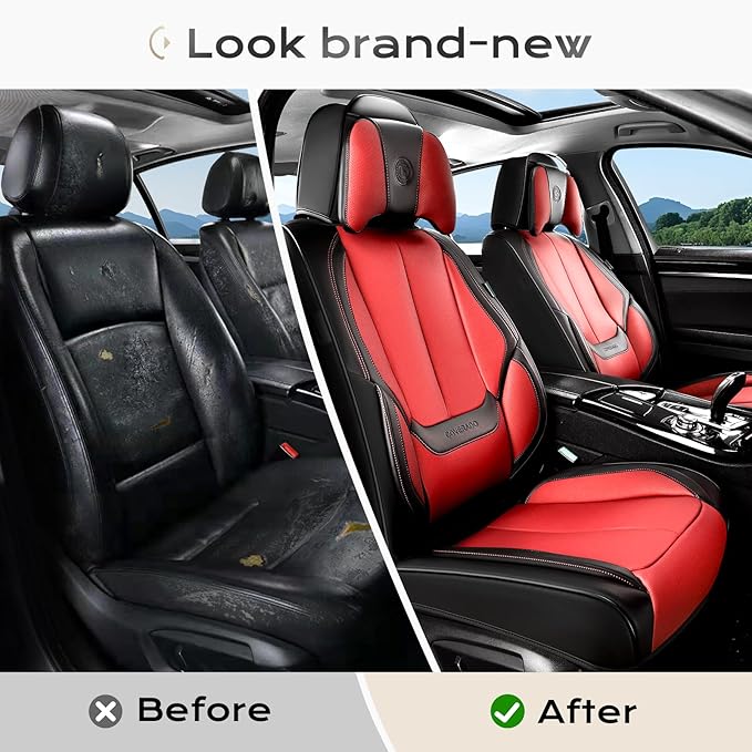 Coverado Seat Covers, Car Seat Covers Front Seats, Car Seat Cover, Car Seat Protector Waterproof, Seat Cushion Nappa Leather with Head Pillow, Carseat Cover Universal Fit for Most Cars (Black&Red)
