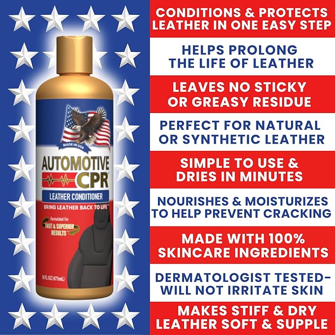 Leather Conditioner 16 oz — Premium Moisturizing Treatment for Car Seats and Leather Trim — Non-Greasy Or Sticky Formula Helps Prevent Cracking, Dryness, and Fading — Made in USA