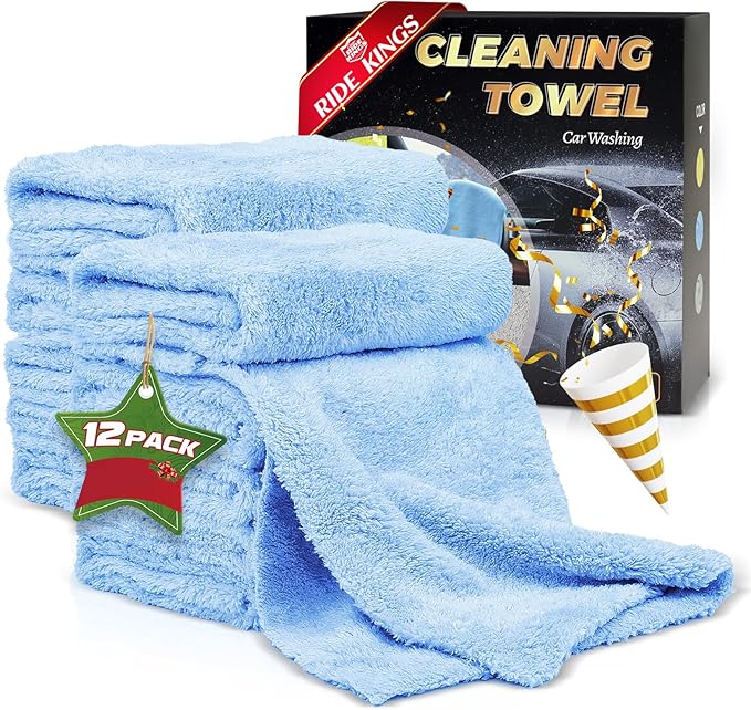 Car Wash Drying Towels, 450gsm Ultra-Thick Absorbent Lint-Free Extra Soft Microfiber Rags for Car Detailing, Interior & Exterior Cleaning Cloths, 16in x 16in - Coral Fleece, Blue, 12 Packs