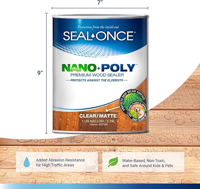 SEAL-ONCE NANO+POLY Penetrating Wood Sealer with Polyurethane - 1 Gallon. Water-based, Low-VOC, waterproofer & stain for decks, fences & log homes.