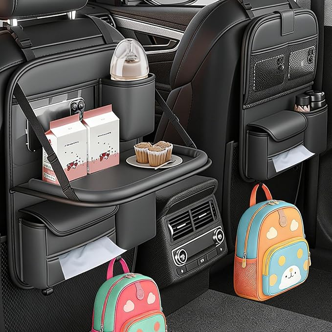 2 Pack Universal Premium Leather Foldable Car Backseat Organizer with Table Tray, Seat Back Protector with Touch Screen Pad Phone Holder, Car Storage Pockets Tissue Box with School Bags Hooks