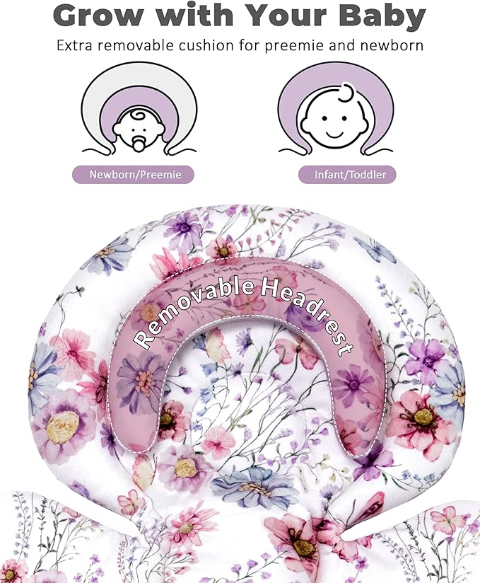 Infant Car Seat Insert with Extra Cushion for Preemie to Toddler, Reversible Newborn Carseat Insert for Baby Head Body Support, Fits for Stroller, Baby Swing, Bouncer (Purple Wildflower)
