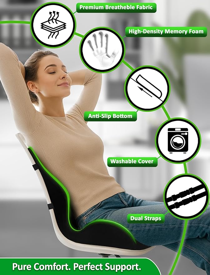 Ergonomic Memory Foam Seat Cushion for Office Chair, Car Seat, Dining, Gaming Chair & Wheelchair, Full Back & Lumbar Support Pillow One Piece, Back Pain Relief, Coccyx, Tailbone & Sciatica Pain Relief