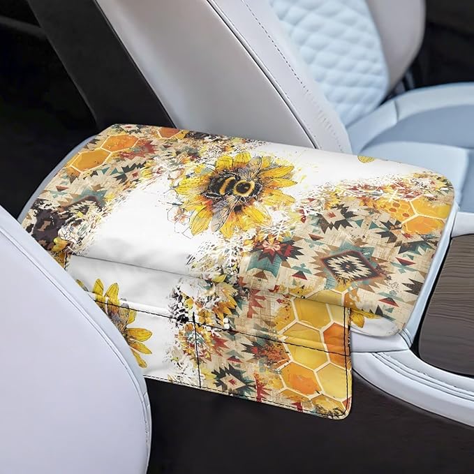 Tupalatus Aztec Car Center Console Cover Water-Resistant Sunflower Universal Arm Rest Cushion Breathable Comfort Armrest Cover with Pockets Easy Installation Fit for Most Cars