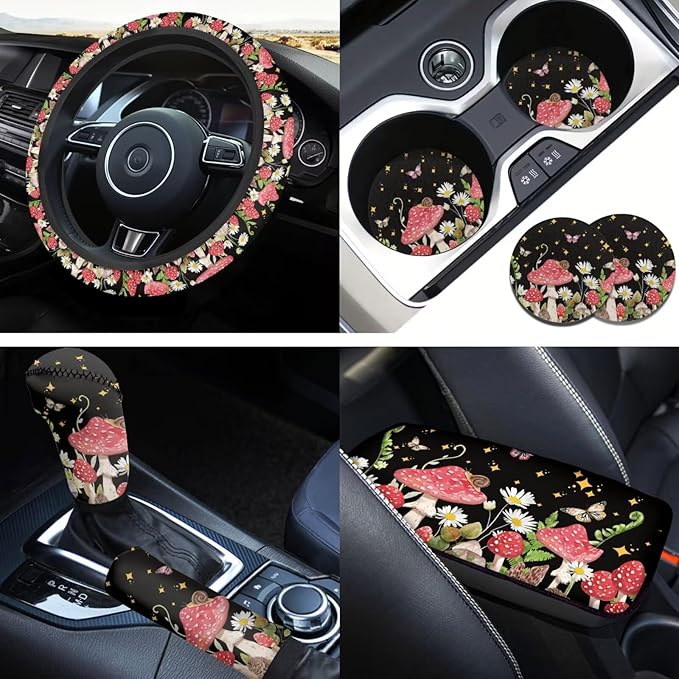 Mushroom Print Car Steering Wheel Cover Set for Men Women Mushroom Car Interior Accessories Cup Coaster Cars Handbrake Cover Universal Fit Truck Van SUV