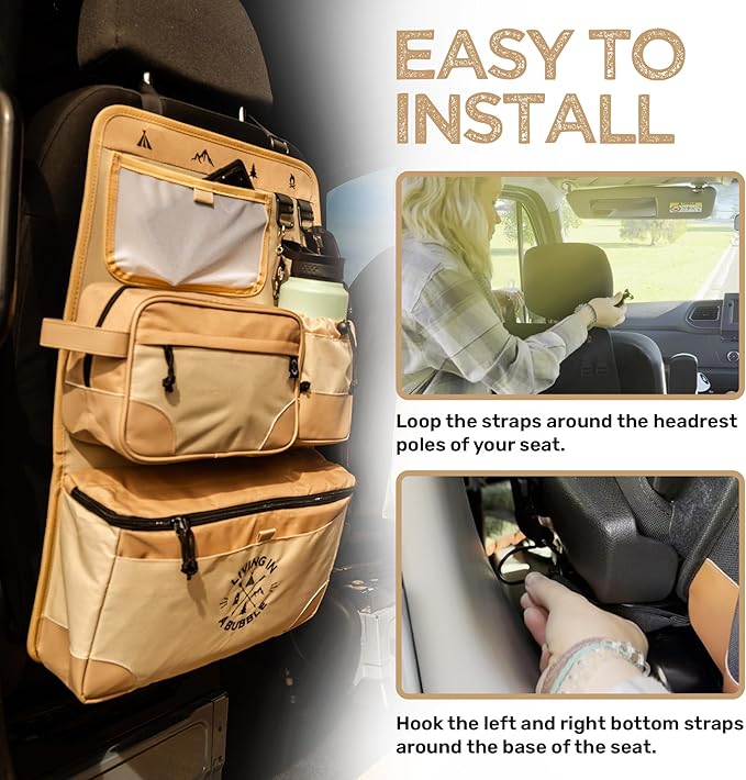 Living in a Bubble Seat back Organizer – Magnetic Toiletry and Cooler Pouch, Cordura Car Backseat Storage with Device Holder & Hooks, Multi-Compartment Utility Bag for Campervans & Family Travel
