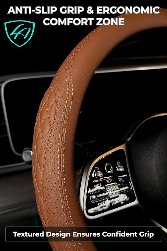 Lord Autofashion Steering Wheel Cover – PU Leather, Non-Slip Rubber Inner, All-Season Comfort – 14.5–15 Inch (Tan 9366)