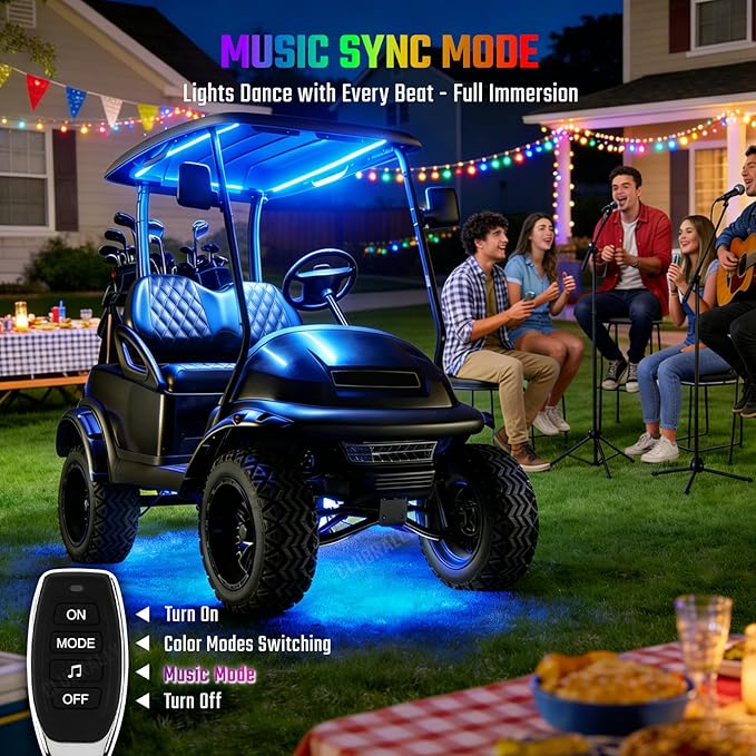 6PCS Golf Cart Underglow LED Light Kit, 28 Modes Full-Body Neon Glow, 12-85V, Music Sync, Wireless Remote, Waterproof Strips, Fits EZGO, Club Car, Yamaha Golf Carts, 6 Pack