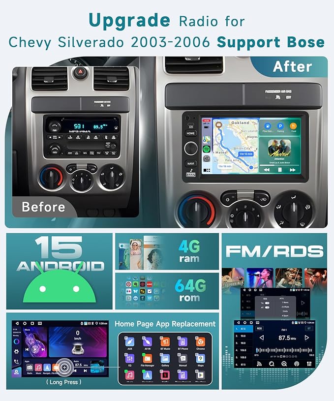4 Core 4+64G Car Radio (Fit B.O.S.E) for 2003-2006 Chevy Silverado Impala Tahoe GMC Sierra Yukon Hummer H2, 7" HD Touchscreen Android Stereo with 5G WiFi Carplay Android Auto EQ FM SWC Backup Camera