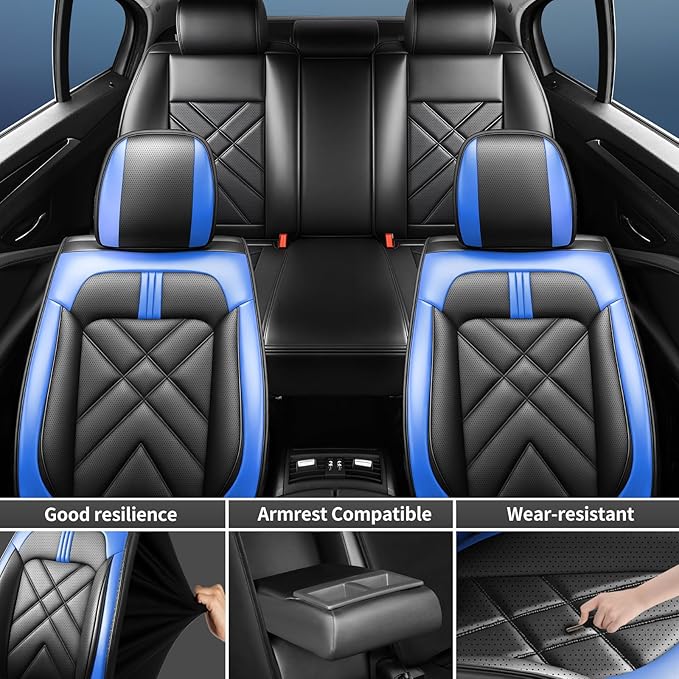 CX-7 Car Seat Covers Fit for Mazda CX-7 2007-2012, Full Coverage Premium Leather Waterproof Breathable Seat Covers Automotive Seat Protectors, Airbag Compatible(Full Set Seats, Black-Blue)