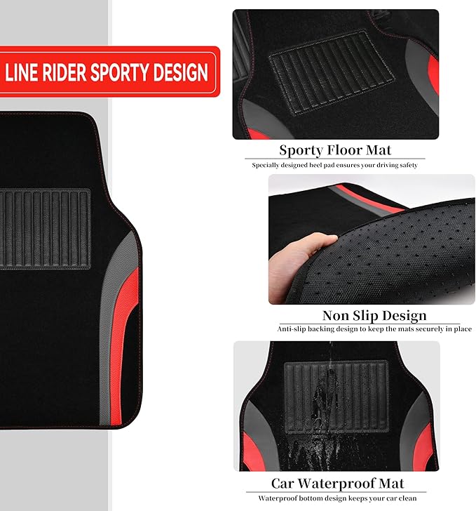 CAR PASS Leather Car Seat Covers Full Set with Waterproof Car Floor Mats,Airbag Compatible,Automotive Interior Covers for Cars Sedans,Trucks,Vans,SUV with Car Carpet Mats(Black and Red)