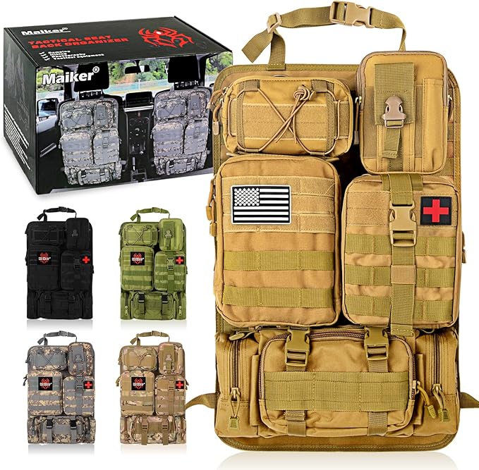 Universal Tactical Seat Back Organizer Vehicle Molle Panel Organizer Storage Bag with 5 Detachable Molle Pouch, Khaki