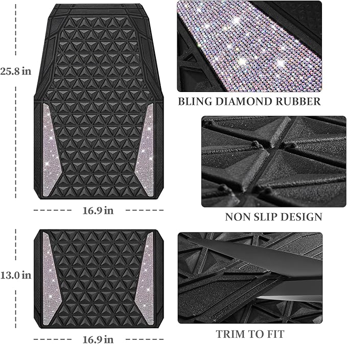 CAR PASS Bling Diamond Car Mats Rubber Floor Mats Full Set Anti-Slip 3D Rhombus Waterproof Trim Fit Liner Universal Glitter Crystal Sparkly Shining Rhinestone Girl Women SUV Sedan, Multicolor Diamond