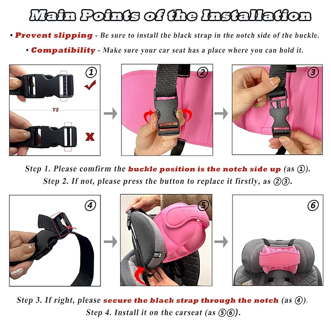Toddler Car Seat Head Support Neck Pillow Strap - Kids and Baby Safety Neck Relief Head Support Band Sleep Strap with Adjustable Belt, Pink