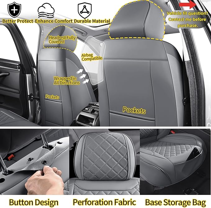 Chezope Leather Seat Covers, Grey Car Seat Covers Front Pair, Breathable Car Seat Protectors, Wear-Resistant Car Accessories, Universal Fit for Most Cars,SUVs Truck (Grey-Diamonds, Front Pair)