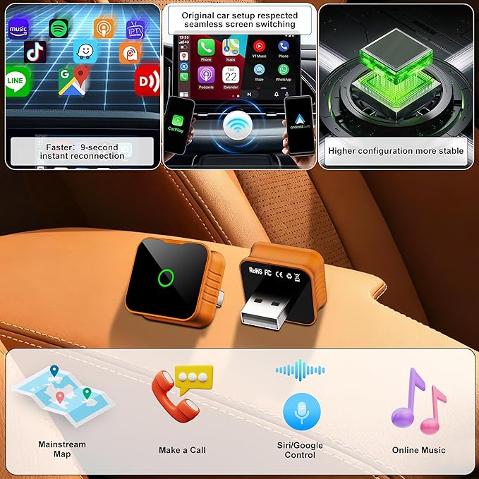 Wireless CarPlay Adapter 2026 Upgrade, 2-in-1 CarPlay Wireless Adapter for Apple iPhone & Android Auto, Mini Plug & Play Dongle Converts Wired to Wireless CarPlay, USB & Type-C(CP027)