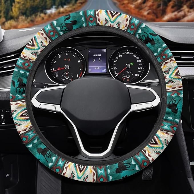 SEANATIVE Universal 15 inch Auto Car Steering Wheel Cover Aztec Tribal Horse Neoprene Car Steering Wheel Protector Cover fit Most Van Truck SUV