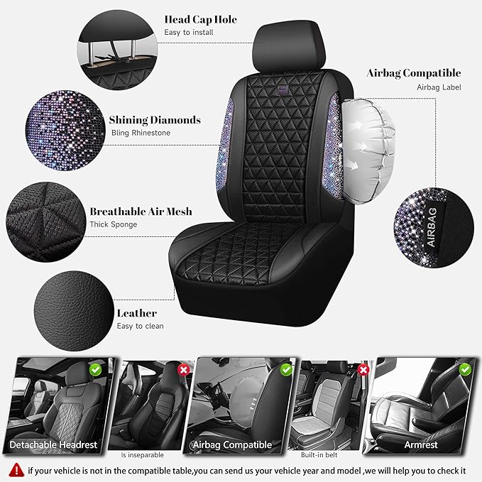CAR PASS Bling Diamond Air Mesh Seat Cover Front Seats,Leather Seat Covers for Car Shining Glitter Sparkly,Automotive seat covers Universal Fit SUV Truck Cute Women Girl,Bedazzed Iridescent Rhinestone