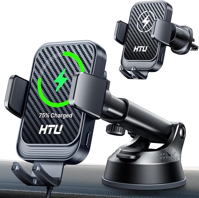 Wireless Car Charger with Phone Holder Mount, 15W Fast Charging Auto Clamping Phone Holders for You Car Windshield Dashboard Air Vent Accessories for iPhone, Samsung Galaxy (Black)