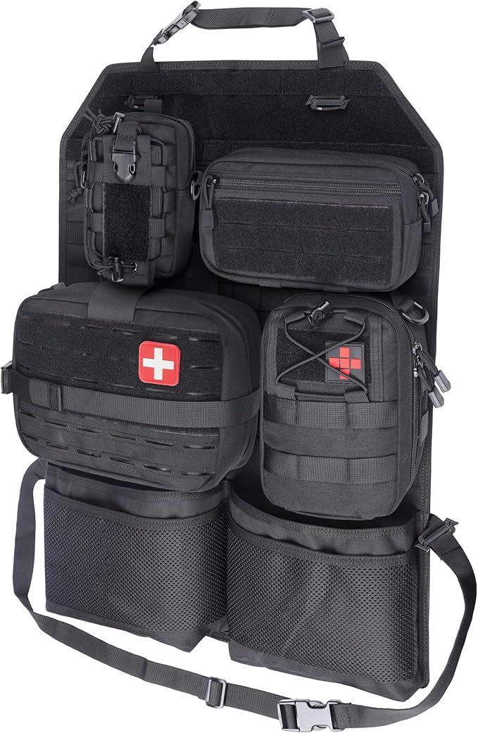 WYNEX Tactical Car Seat Back Organizer Set, Vehicle Accessories Molle Panel wtih Detachable 4 Molle Pouches - First Aid EDC Admin Storage Bag for Road Trips, Fits Most Cars, SUVs, Pickups, Trucks