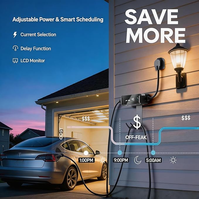 Level 2 EV Charger for Tesla (NACS Connector), 40A 240V NEMA 14-50 Plug, 25FT Cable Portable EV Charger for Home/Outdoor, Adjustable 16-40A with LCD Display, ETL Certified Fast Charging