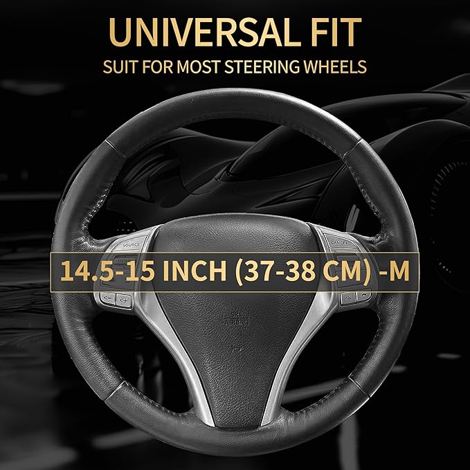 Leather Car Steering Wheel Cover,Anti-Slip, Safety,Soft,Breathable,Heavy Duty,Thick,Full Surround, Sports Style,Universal Car Accessories for Women Men Fit 14" 1/2-15"(Black with White line)