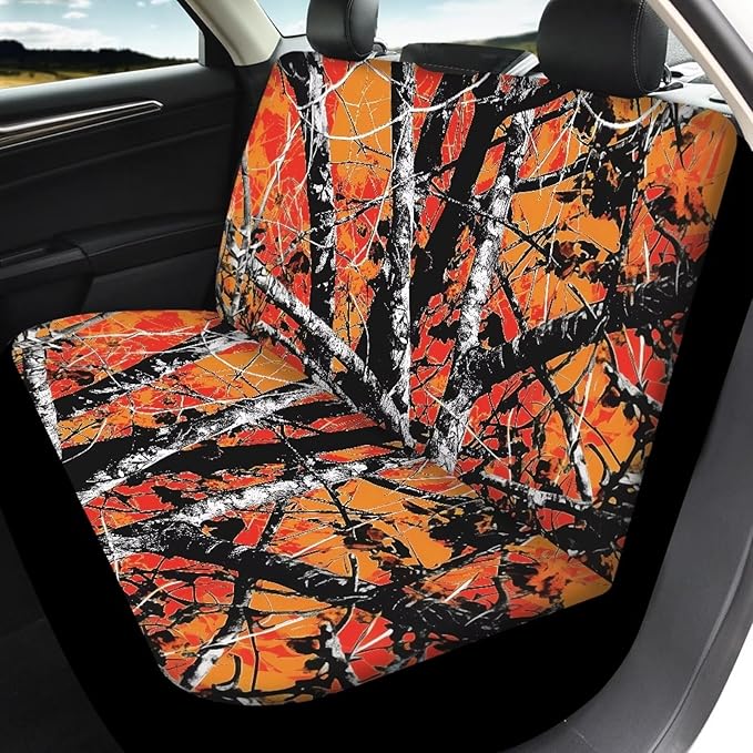 KEIAHUAN Car Seat Covers Camo Hunting Design Front Seat Cover and Split Rear Bench Seat Cover Comfortable Stretchy Universal Fit Most Cars SUVs Vans Sedans, Orange