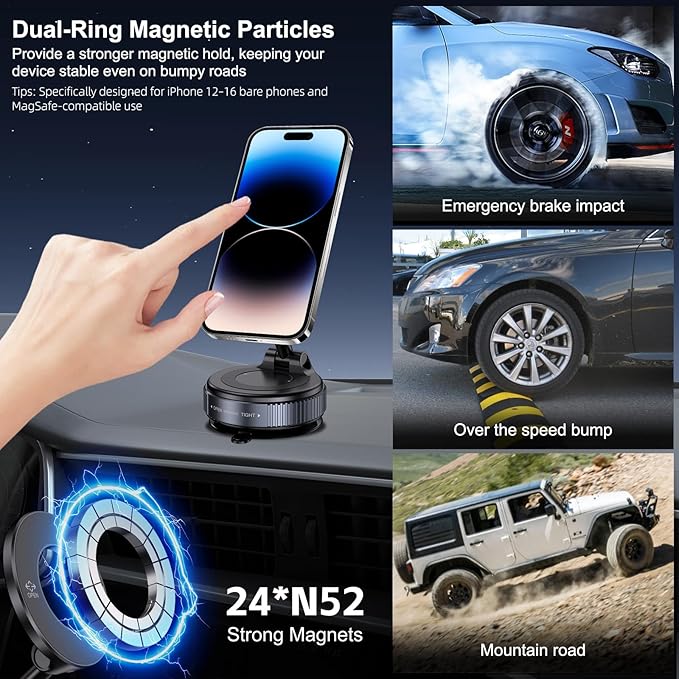 Jikasho Vacuum Magnetic Car Phone Holder for Magsafe, Hands-Free 360° Adjustable Suction Cup Phone Mount for Car/Gym/Mirror/Smooth Surface, Compatible with iPhone & Android (Space Grey)
