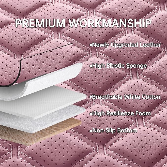 Car Seat Covers Full Set Pink, Luxury Faux Leather Car Seat Covers Waterproof Non-Slip Seat Protector Universal Fit for Most Cars SUVs Trucks Pick-ups, Cute Pink Car Accessories for Women