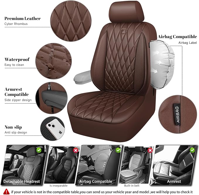 CAR PASS Piping Luxury Faux PU Leather Two Front Car Seat Covers, Waterproof Anti Slip Seat Covers Compatible with Front Seat Armrests,Universal Fit for Suvs,Vans,Trucks,Airbag Compatible, All Brown