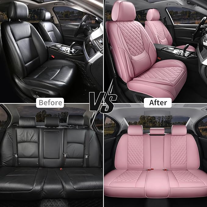 Car Seat Covers Front Seats Pink, Luxury Faux Leather Car Seat Covers Waterproof Non-Slip Seat Protector Universal Fit for Most Cars SUVs Trucks Pick-ups, Cute Pink Car Accessories for Women